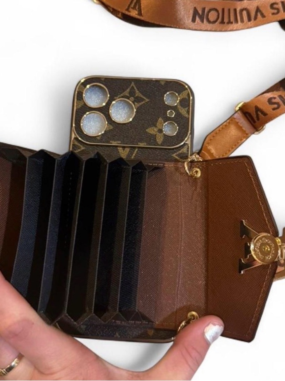 Louis Vuitton Brown Monogram phone and Card Holder with Strap iPhone 17 pro max